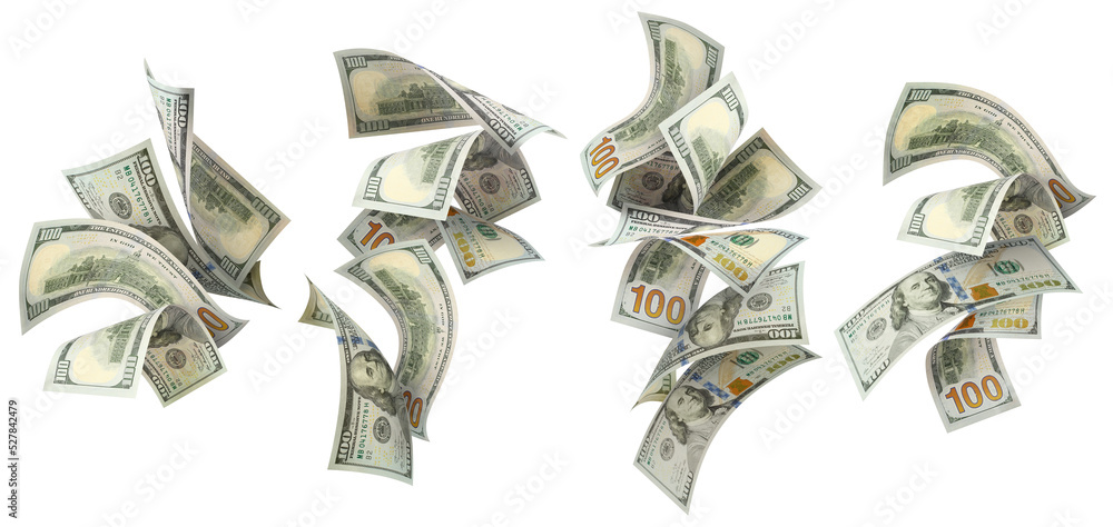 Hundred American dollars banknotes flying set, isolated on white background Hundred American dollars banknotes flying set, isolated on white background