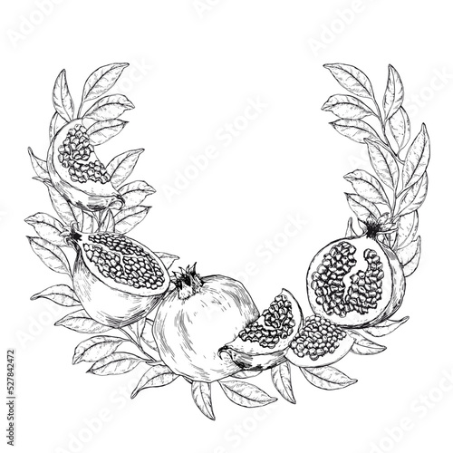 Demi wreath with pomegranate fruits and leaves. Black and white hand drawn vector illustration.