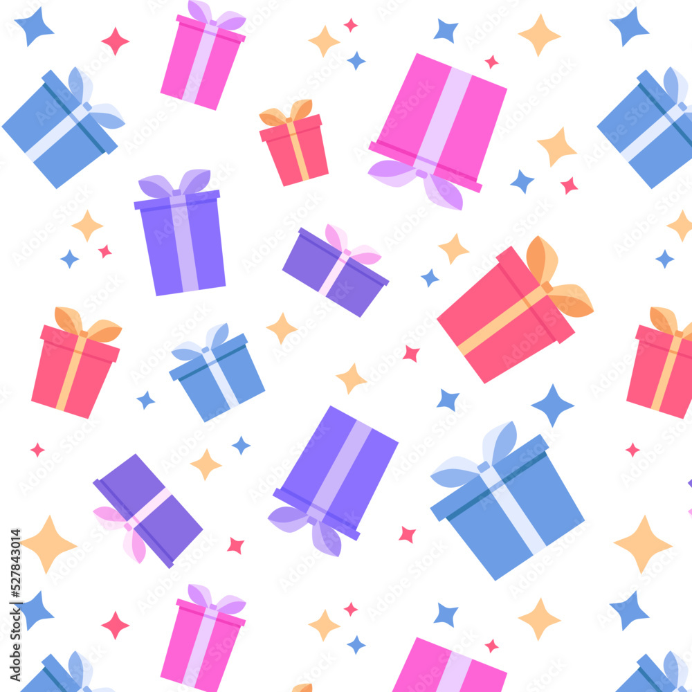 Seamless pattern with gift boxes for merry Christmas. Bows, ribbons, and stars. Wrapping paper. Vector illustration Seamless pattern with gift boxes for merry Christmas. Bows, ribbons, and stars. Wrapping paper. Vector illustration