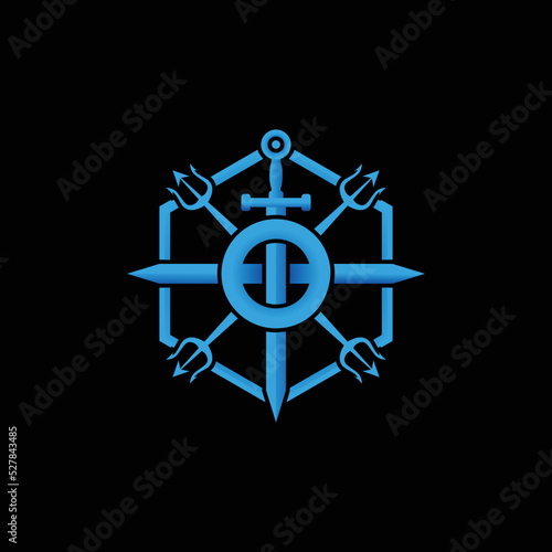 Vector graphics of trident and hexagon sword emblem logo in modern style