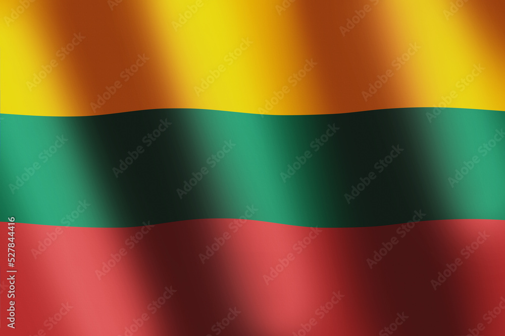 National flag of Lithuania. Lithuanian flag with horizontal tricolour of yellow, green, and red with smooth wind wave for banner or background. National symbol of Lithuania. Waves ripples on flag