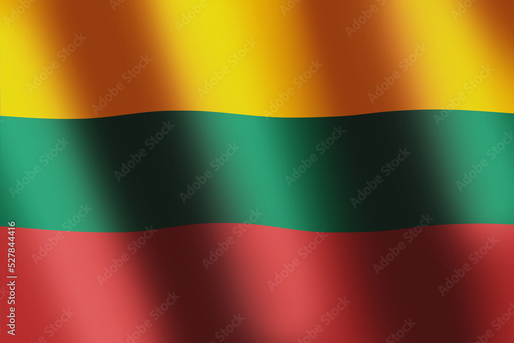National flag of Lithuania. Lithuanian flag with horizontal tricolour of yellow, green, and red with smooth wind wave for banner or background. National symbol of Lithuania. Waves ripples on flag National flag of Lithuania. Lithuanian flag with horizontal tricolour of yellow, green, and red with smooth wind wave for banner or background. National symbol of Lithuania. Waves ripples on flag
