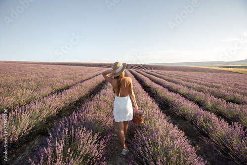 Girl in a white dress with a basket in a lavender field.