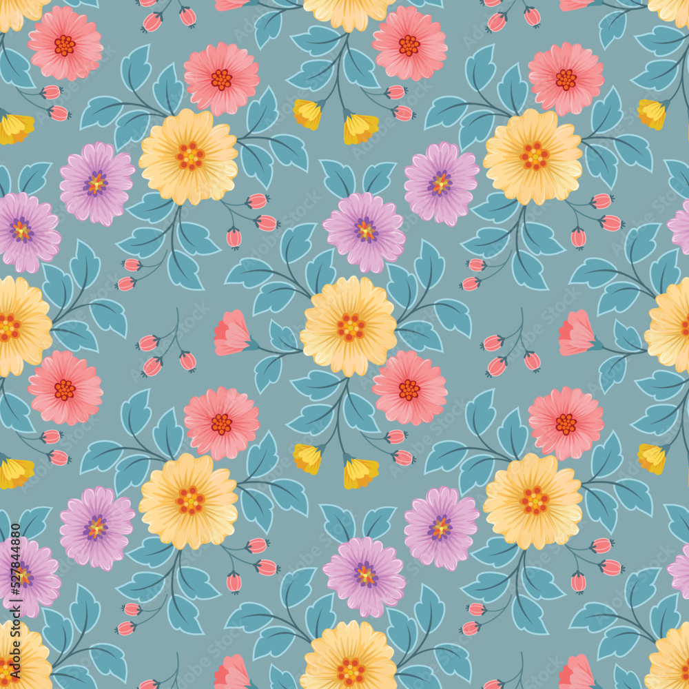 Blooming colorful flowers in seamless pattern. Can be used for fabric textile wallpaper.