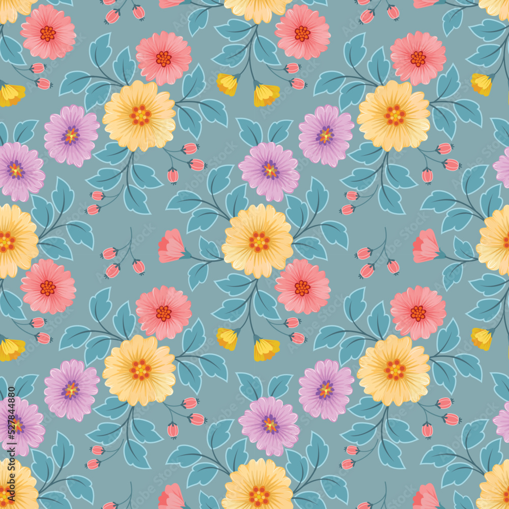 Fototapeta premium Blooming colorful flowers in seamless pattern. Can be used for fabric textile wallpaper.