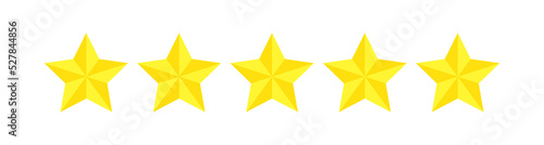 Five star rating, flat icon review for apps and websites. Yellow 5 star rank sticker isolated on a white background. For customer ratings or levels of food products, services, hotels, or restaurants.