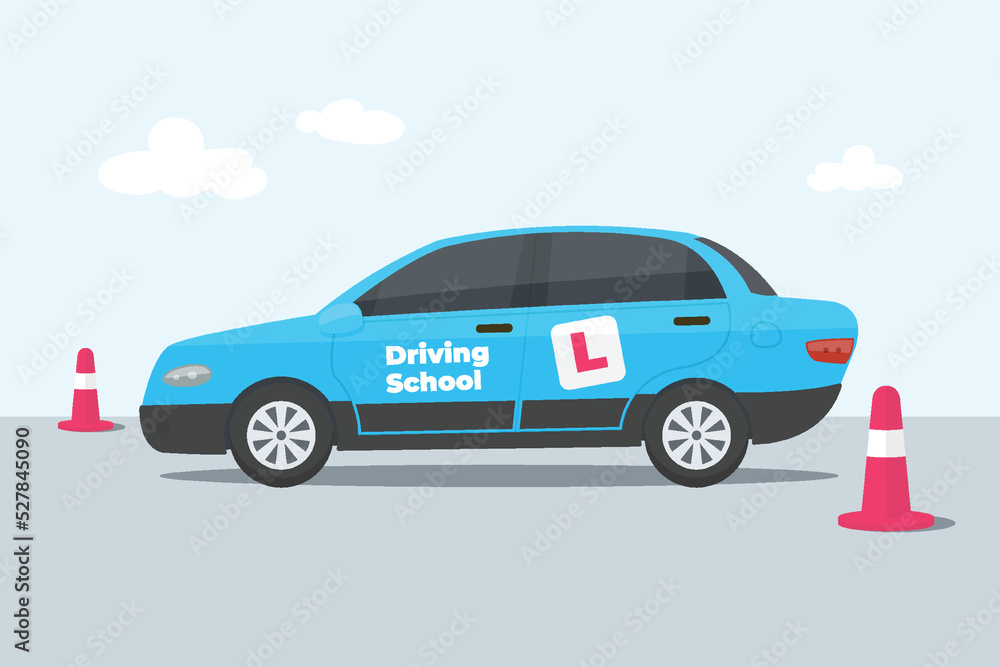 Driving school car with cones vector flat illustrations