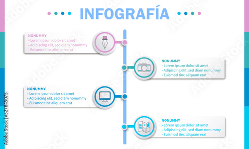 Infografía recuadros con iconos en círculos 