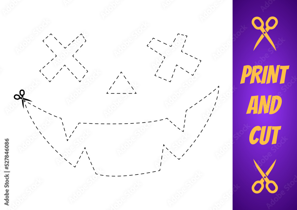 Obraz premium Print and cut template for Halloween. Pumpkin face cutting line, die kit for kids. Make funny face on pumpkin by stamp. Cut out by border stroke then paint silhouette. Carving face layout sample.