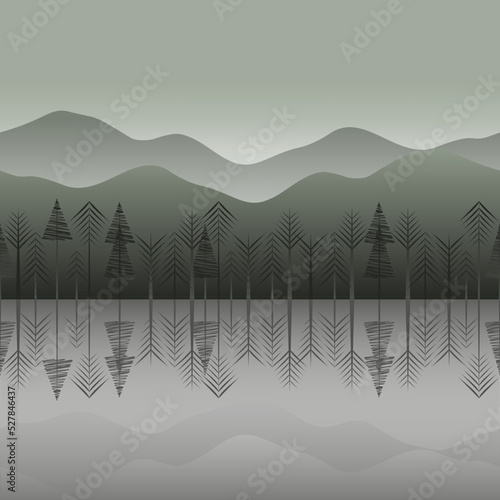 horizontal pattern with misty coniferous forest, lake reflection and mountains