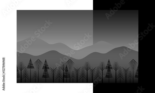 minimal monochrome illustration of misty coniferous forest and mountains