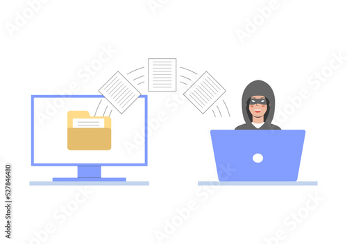 Concept Of Spamming Mailbox, Cyber Crime And Hacker Attack. Cheater In Face Mask Making Spam Mailing. Criminal Typing Text At Laptop in the Office. Cartoon Outline Linear Flat Vector Illustration