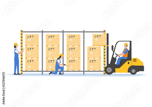 Concept Of Warehouse And Courier Delivery. Storehouse Workers In Uniform Scanning Parcels By Barcode Scanner, Loading Cardboard Boxes With Forklift. Cartoon Linear Outline Flat Vector Illustration