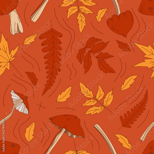 Seamless pattern. Hand drawn line vector various types of mushrooms and autumn leaves oak  maple  birch  foliage orange  yellow and red. Fall leaf illustration. Flat design. Background texture.
