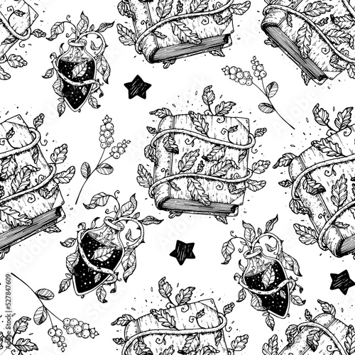 Book of spells seamless pattern. Halloween illustration. Witch magic book and potion. Hand drawn vector illustration. Sketch style.