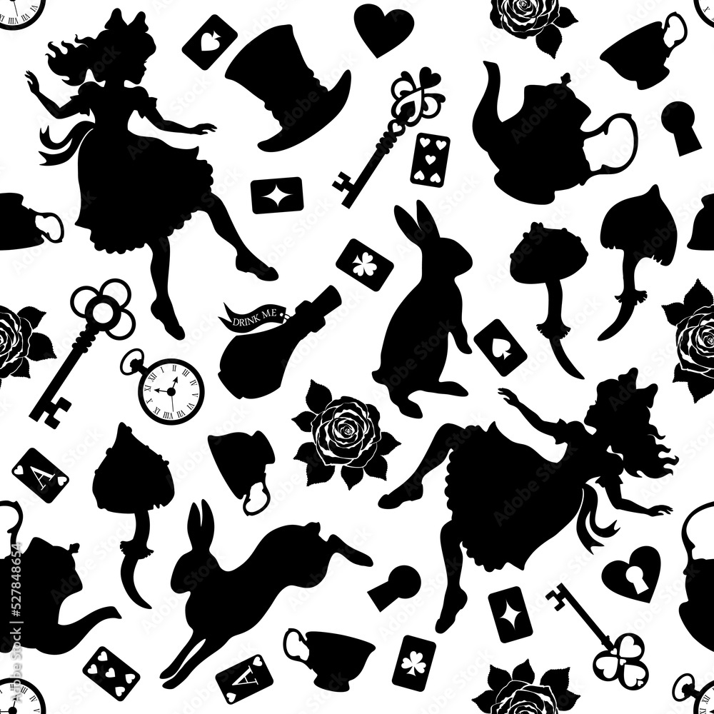 Wonderland seamless pattern. Black silhouettes Alice, rabbit, key, tea cup and teapot, roses and other  on a white background. Texture for fabric, wallpaper, decorative print