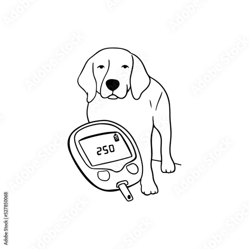 Outline illustration of beagle dog with glucometer on white background