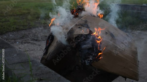 Dumpster Fire Large Orange Flames Lick Out of Trashcan Fire photo