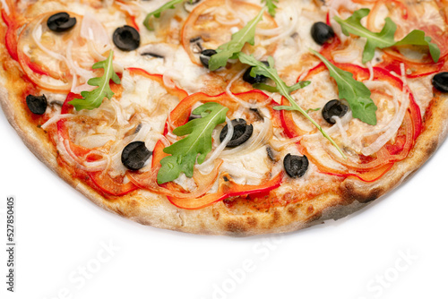 Pizza Close Up with sweet red pepper, olives, mushrooms and cheese isolated on white background. Copyspace. Top view
