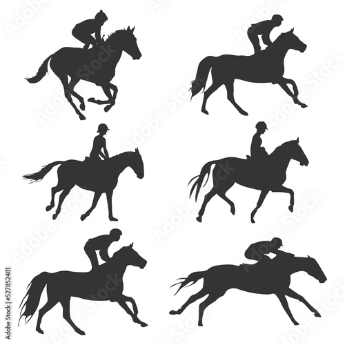 Jockey riding horse silhouette, jockeys silhouette set 