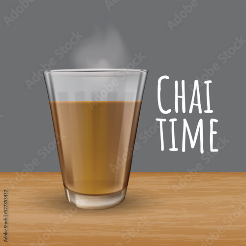 Vector illustration of popular indian hot drink masala chai also called as tea in glass on wooden table