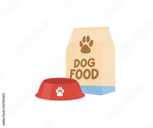 Bag of food for pets and food bowl logo design. Pet cat dog dry food bag feeding package vector design and illustration.
