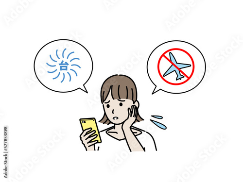 欠航　飛行機に乗れない　台風の影響に困る若い女性　旅行　トラブル　イラスト