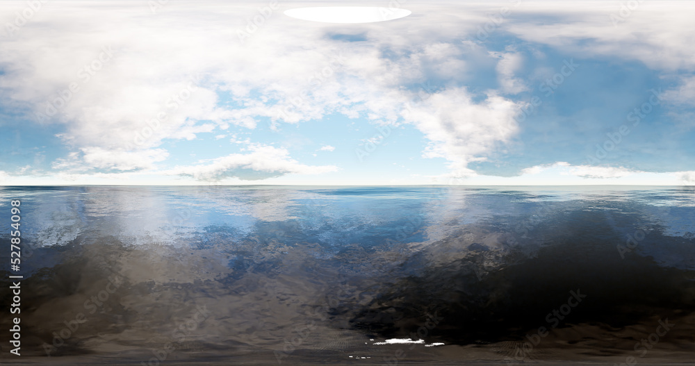 3D rendering. Blue sky with clouds at sunset or sunrise. Environment 360 HDRI MAP. Equivalent projection, spherical panorama.