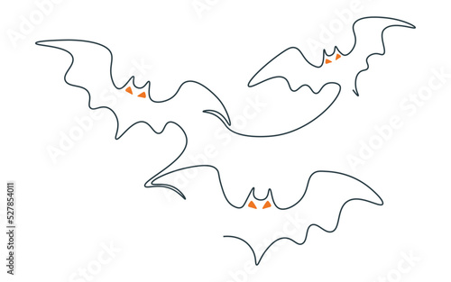 Bats in single line. Drawing for halloween with one continuous line. Linear minimalistic modern illustration. Outline silhouette of bats. Simple vector illustration isolated on white background.