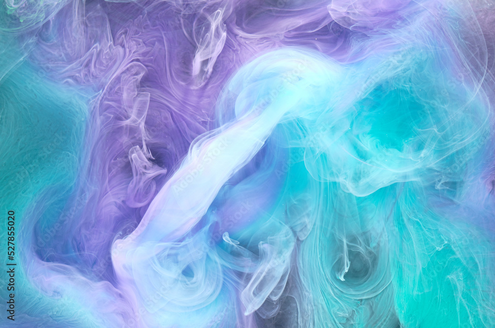 Blue multicolored smoke abstract background, acrylic paint underwater explosion