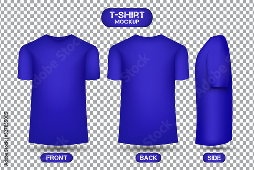 plain blue t-shirt template, front, back and side mockups