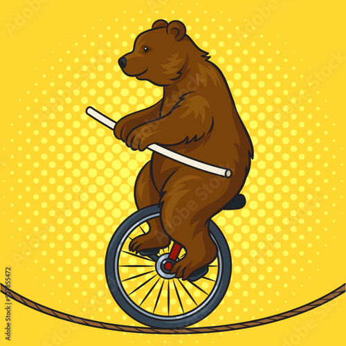 Circus bear rides tightrope on a unicycle. pop art retro vector illustration. Comic book style imitation.