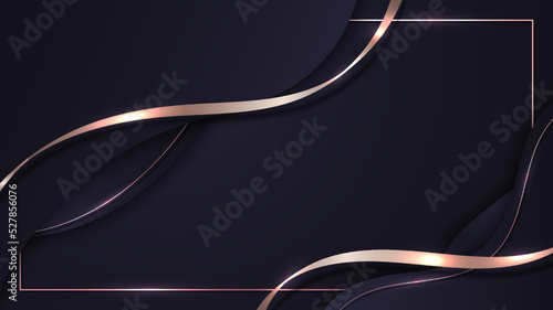 Abstract 3D luxury purple color wave lines with shiny pink gold curved line decoration and frame glitter lighting on gradient dark background