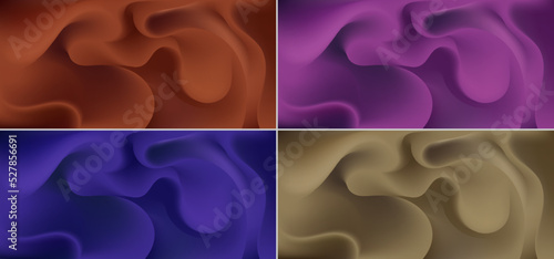 Set of brown, purple, blue, yellow fabric textile wrinkles folds or liquid background and texture luxury style