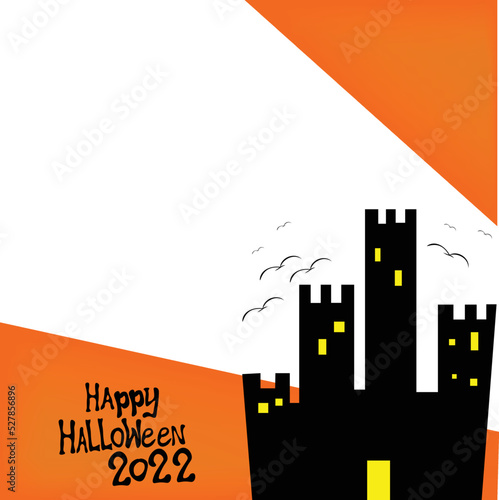 vampire castle sillhouette in orange photo frame happy halloween 2022 theme picture border with a lot of bird