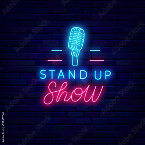 Stand up show neon emblem with microphone icon. Comedian performance. Light sign. Vector illustration
