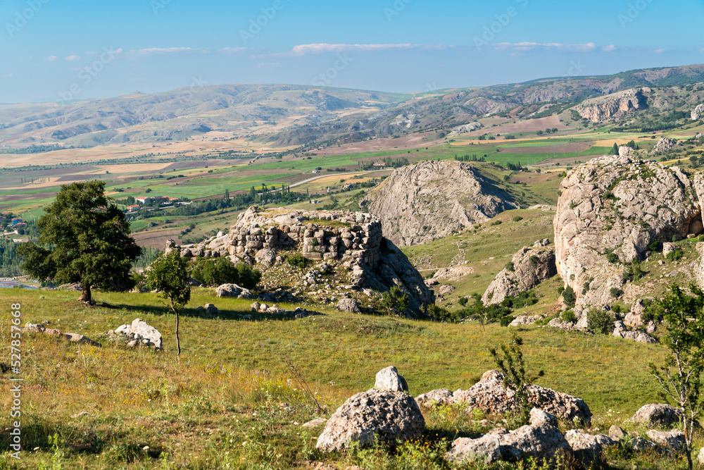 General view of Hattusa was the capital of the Hittite Empire with some stone structures. Corum, Turkey.