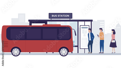 バスに乗り込む乗客たちのイラスト素材｜mayucolor03