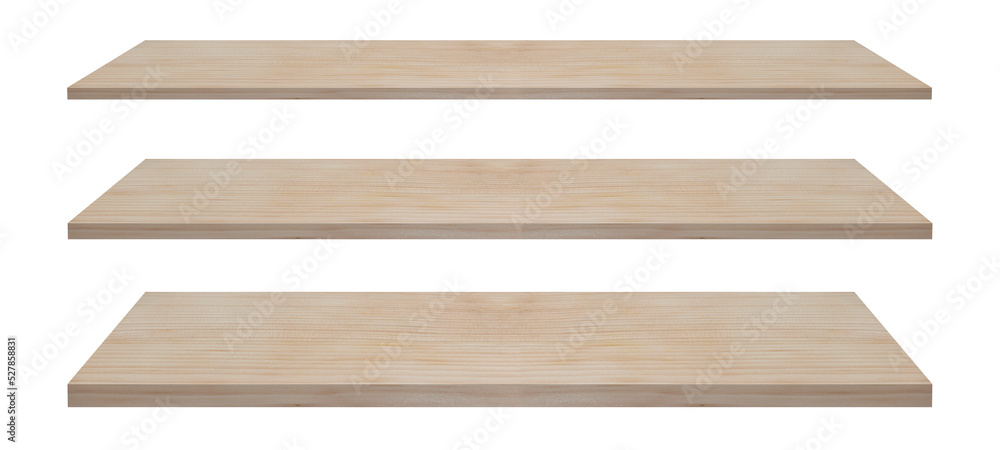 Wooden shelf template set isolated on white background empty rustic wood table, for montage product display or design key visual layout. with clipping path Wooden shelf template set isolated on white background empty rustic wood table, for montage product display or design key visual layout. with clipping path
