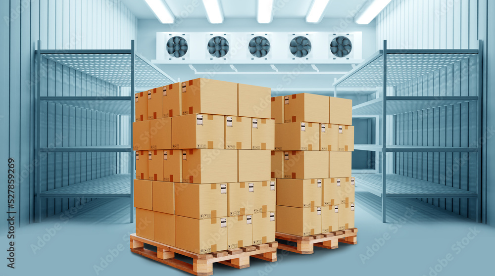 Warehouse cooling system. Cardboard boxes in giant refrigerator