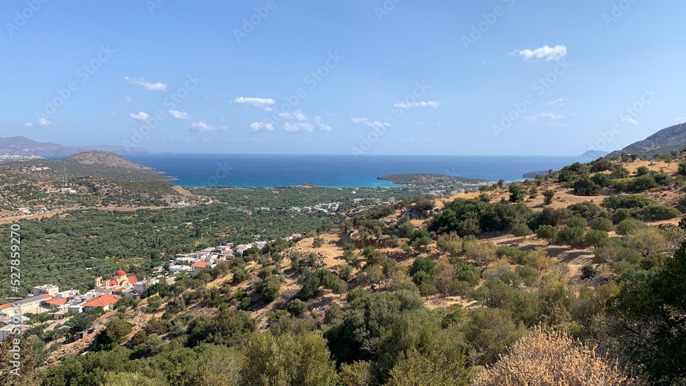 View of Mirabello bay, Crete, Greece. Turquoise waters of mediterranean sea with cliffs.