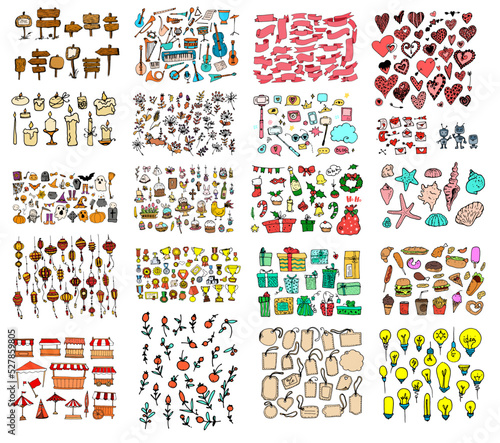 a set of doodles in a large color, from awnings, gifts, holiday signs, shells, hearts, light bulbs, musical instruments, medals, flowers in bright colors, isolated objects with a black outline