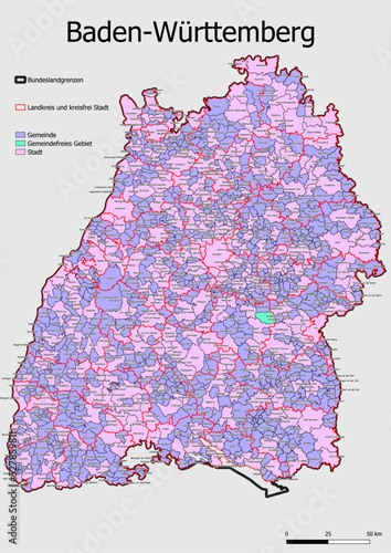 Karte Administrative Gliederung Bundesland Baden-Württemberg Gemeinde, Gemeindefreies Gebiet Stadt