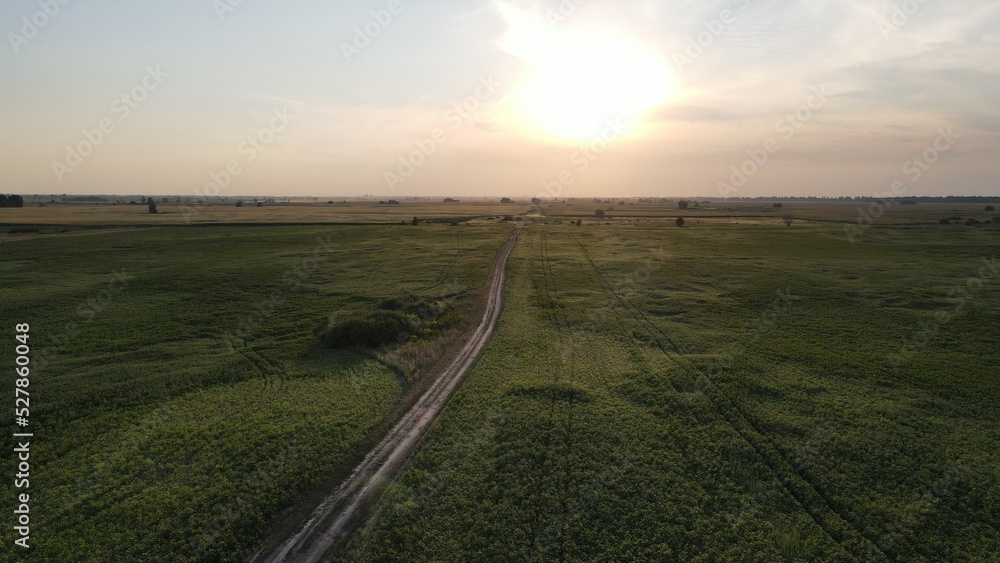 Aerial top view photo from flying drone of a land with down fields in countryside. High quality photo