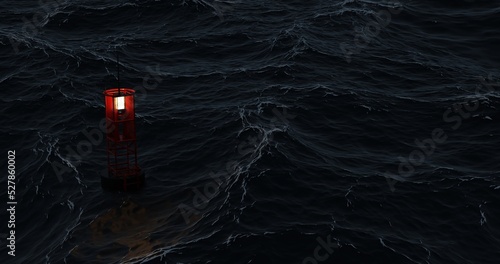 sea storm  signal buoy with light  ocean wallpaper background  3D rendering.