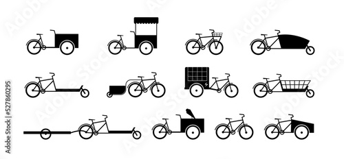 Cargo Bikes silhouette icon set. Different bicycle types. Bakfiets, cart, long john, long tail, bikes for transportation, electric cargo bike, bicycle with basket. Flat vector illustration