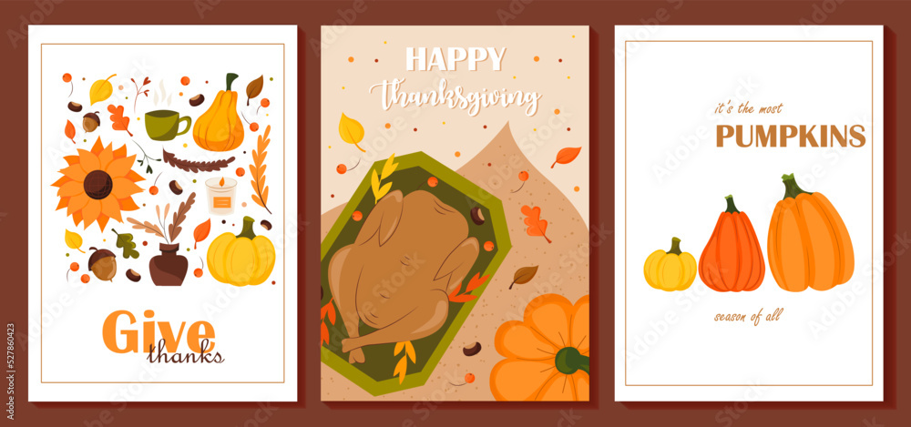 Set of fall illustrations for thanksgiving with pumpkins and turkey. Vector design for card, poster, flyer, web and other use.