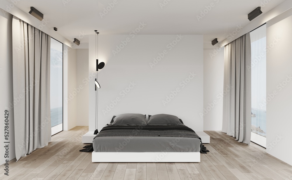 Aesthetic empty minimalist bedroom with a white bed and ocean view from ...