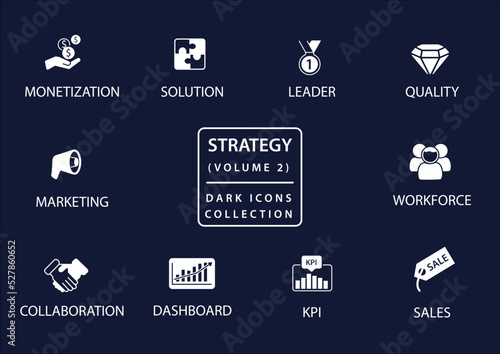 Business strategy vector icon set in flat design and dark mode
