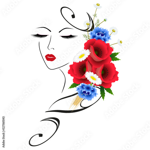 Portrait of a girl with wild flowers on a white background.